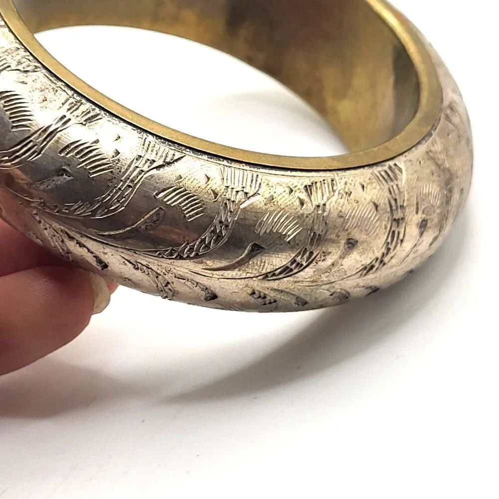 Chunky Bohemian Silver Brass Etched Bangle Bracelet ca. 1970s 2.7in dia